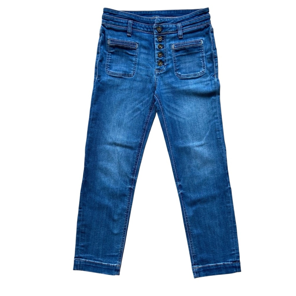 Pilcro Anthropologie jeans high-rise slim 70’s inspired blue stretchy button fly